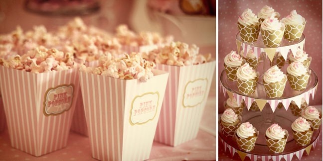 pink giraffe baby shower popcorn cupcakes by My Good Greetings via The Party Teacher